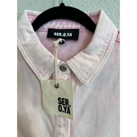 #298 NWT SER.O.YA Mariel Denim Button-Front Shirt Jacket Pink Size Small a298